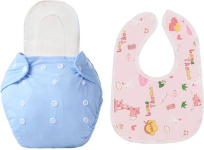 TINNY TOTS Premium Quality 1 Baby Reusable Cloth Diaper Nappy Reusable Washable With 1 Microfiber Bamboo Inserts(5 Layers) & 1 Baby Feeding Bib Apron (0-12 Months,BLUE)