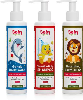 BabyOrgano Complete Baby Bath, Hair & Skin Care Combo Kit Wash, Shampoo & Lotion 200ml Each