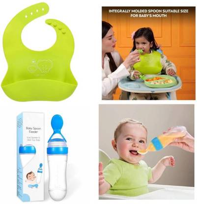 DECRONICS Non Messy Silicone Baby Feeding Bib & Spoon Feeder 90ml for Babies & Toddlers