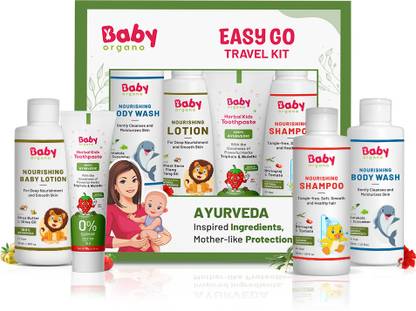 BabyOrgano Ayurvedic Baby Care Travel Gift Pack Kids - Shampoo, Wash, Lotion & Toothpaste