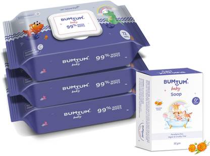 BUMTUM Baby Gentle 99% Pure Water Wet Wipes With Lid - 216 Pcs. & Baby Soap 50 Gram