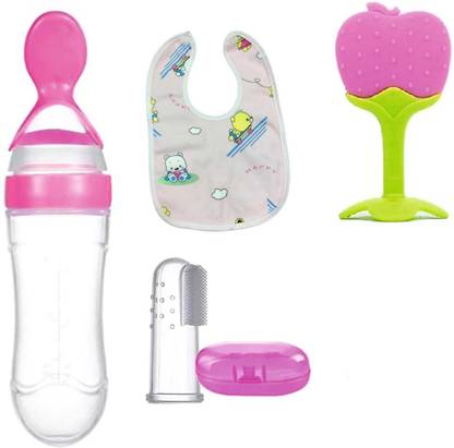 Prettify baby silicon spoon bottle and bib and finger brush and fruit teether