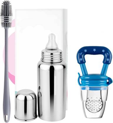 Millionminds Stainless Steel Baby Feeding Milk Bottle (250 ML) |Fruit Feeder (Set of 3 Items)