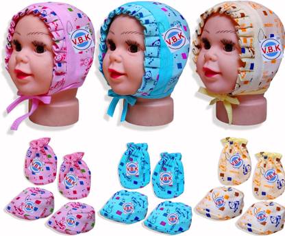 V.B.K Baby Boy and Baby Girl Mitten Booties and Cap Set, 0 to 6 Months, Hosiery Fabric