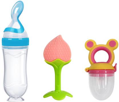 The Cheeky Kidzz Baby Spoon Feeding Bottle | Silicone Fruit Teether & Fresh Fruit Nibbler Rattle