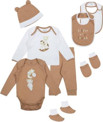 My Milestones New born baby Infant Essentials Gift Set Full Sleeves Fawn - 8 Pieces