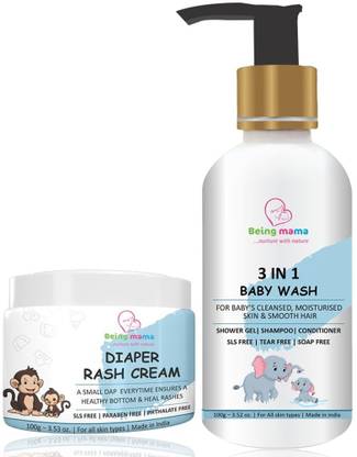 Being mama Diaper Rash Cream (100 g) 3 in 1 Baby Wash With Lavender and Coconut (Pack Of 2)