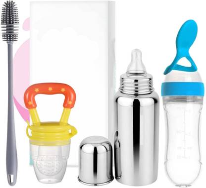 DECRONICS Baby Feeding Bottle, Fruit Feeder, and Cleaning Brush Combo (Set of 4 Items)