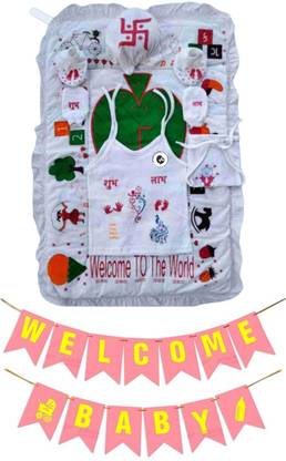 BIGMOTHERS Newborn baby chhathi cloths( jablu,nappy, cap,moja ,mat and welcome baby banner)