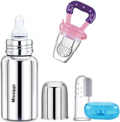 MISSIPPI 220 ml Stainless Steel Feeding bottle+Baby Finger Brush+ Fruit Nibbler COMBO
