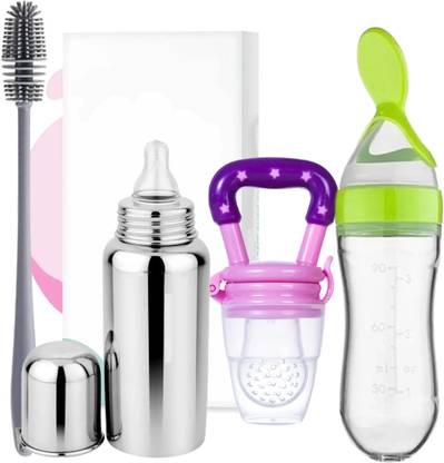 Millionminds Steel Milk Bottle (250 ML), Baby Food Feeder & 90ML Feeding Spoon,Cleaning Brush