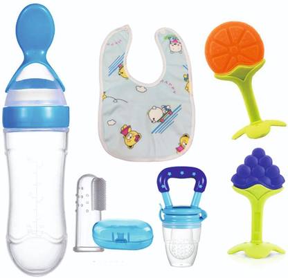 Roforuf Spoon Bottle,Silicone teether,Fruit Nibbler,Finger Brush & Baby bib pack of 6