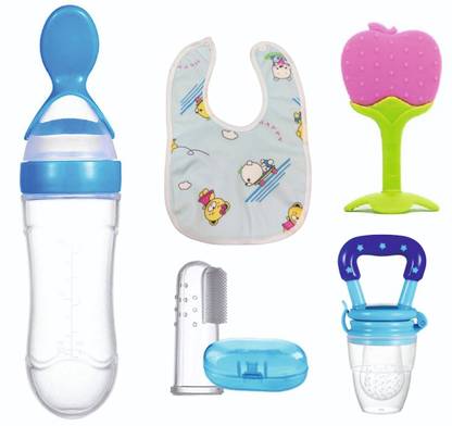 Roforuf Spoon Bottle,Silicone teether,Fruit Nibbler,Finger Brush & Baby bib pack of 5