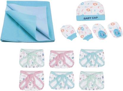 MEEOWMEE New Born Baby Care Cloth Combo Bed Protector,Nappy,Cap,Mittens,Booties