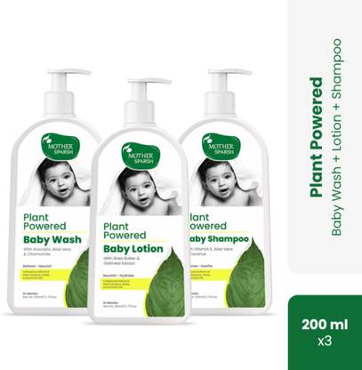 Mother Sparsh Combo of Baby Wash, Baby Shampoo & Baby Lotion, 200ml Each ( Free Emerald Bag)