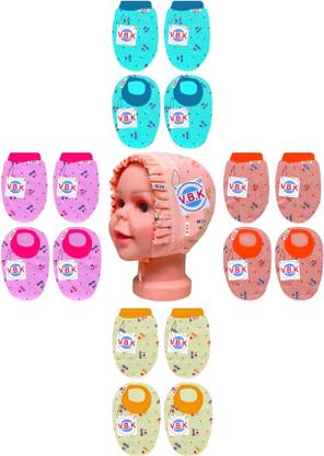 V.B.K Baby Mitten Booties and Cap Set, 4 Pair Mitten Booties and 1 Cap, 0 - 6 Month