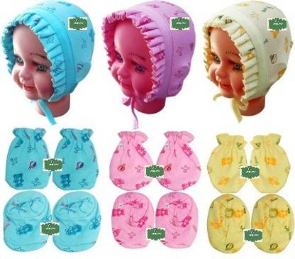VINI VIDI New Born Baby Mittens Booties Set, Pack Of 3 and Baby cap set Pack Of 3