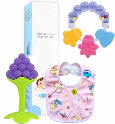 Kidli Baby teether with rattle sound baby bibs Baby Teething Fruit Shape PACK OF 3  - BPA-free plastic, nylon or silicone, Non Toxic, Soft Silicone Food-Grade, Silicone