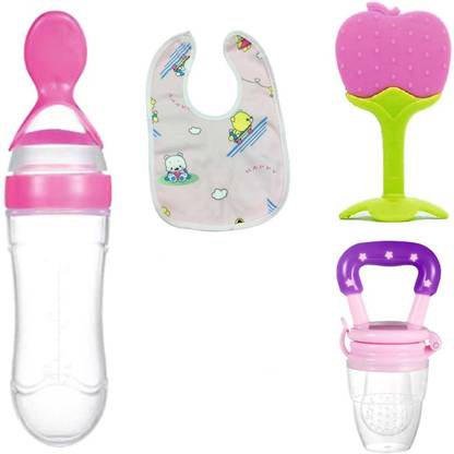 Prettify spoon bottle and baby bib and fruit teether and fruit nibbler