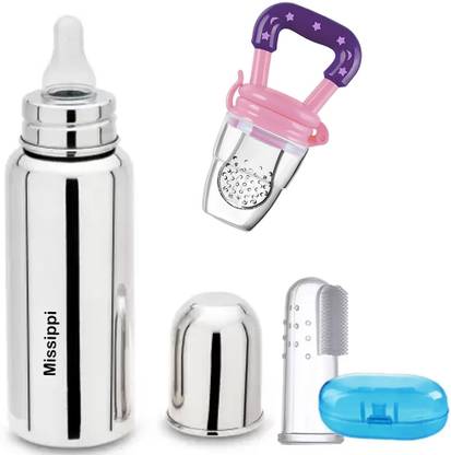 MISSIPPI 300 ml Stainless Steel Feeding bottle+Baby Finger Brush+ Fruit Nibbler COMBO