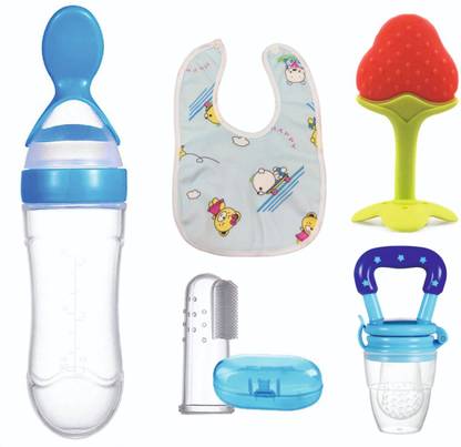 Roforuf Spoon Bottle,Silicone teether,Fruit Nibbler,Finger Brush & Baby bib pack of 5