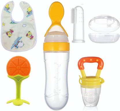 Roforuf Spoon Bottle,Silicone teether,Fruit Nibbler,Finger Brush & Baby bib pack of 5
