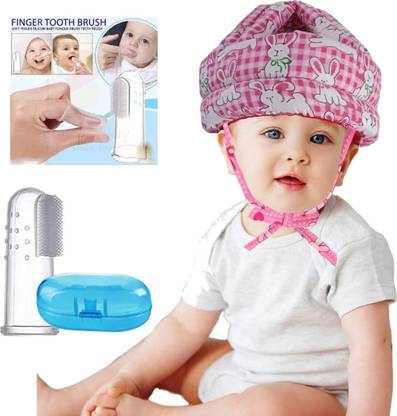 Millionminds Soft Finger Toothbrush Tongue Cleaner & Safety Helmet for Baby (Pack of 2,Combo)