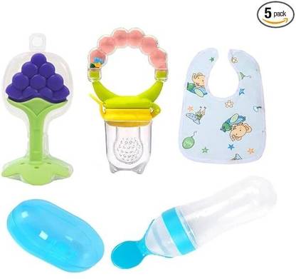Joginnder Agencies Babies Fruit Feeder, Food Dispensing Spoon, Teether, Finger Brush, Bib Combo