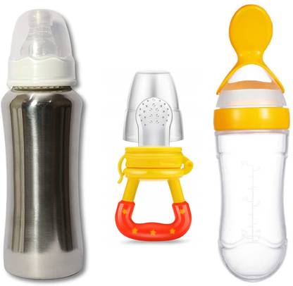 The Cheeky Kidzz Baby Stainless Steel Feeding 240ml Bottle With Spoon Bottle & Fruit Nibbler