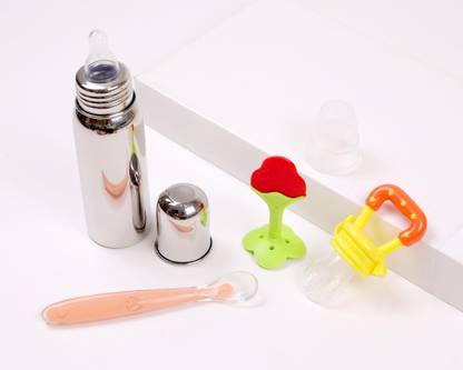 CHILD CHIC Stainless Steel Baby Feeding Bottle 250ml, Fruit Feeder, Silicon Spoon,Teether