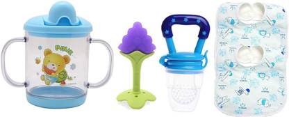 TINNY TOTS Pack Of Baby 1 Spout Sipper 200ml, 2 Fruit Silicone Teethers, 2 Button Bibs