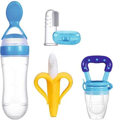 RaoSons Pack of 4 Baby Combo | Spoon Bottle, Nibbler, Banana Teether, Finger Brush