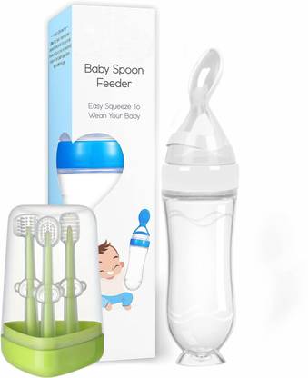 Millionminds Silicone Squeezy Baby Spoon Feeder 90ml Feeding Bottle & 3 in 1 Toothbrush Set