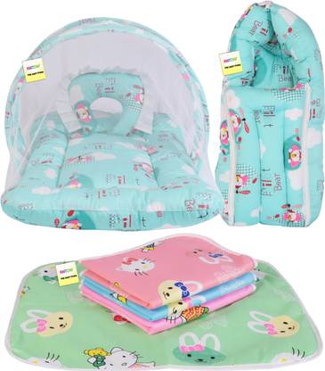 Kwitchy New Born Baby Mosquito Net Bed with Cushioned Pillow and Sleeping bag and Bed Protector