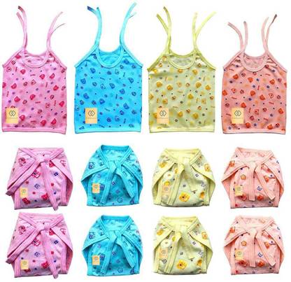 FabSquare Baby jhabla 4Pcs + Nappy 8Pcs, Hosiery Soft Cloth Material, 0-6 Months
