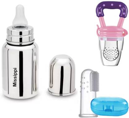 MISSIPPI 150 ml Stainless Steel Feeding bottle+Baby Finger Brush+ Fruit Nibbler COMBO
