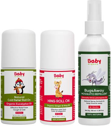 BabyOrgano Baby Care Tummy Hing Roll-On, Mosquito Repellent Spray, and Cold Relief Roll-On