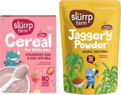 Slurrp Farm Strawberry Cereal and Jaggery Powder Combo, Natural Jaggery, No Sugar Instant Cereal