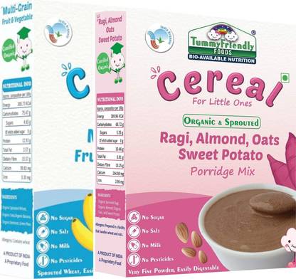 TummyFriendly Foods USDA Certified Organic Multi-Grain, 100% Organic Sprouted Ragi, Oats, Red Lentil, Banana Porridge Mixes , Made of Sprouted Whole Wheat & Sprouted Whole Grain Ragi, Oats , Rich in Calcium, Iron, Fibre & Micro-Nutrients ,200g Each, 2Packs Cereal