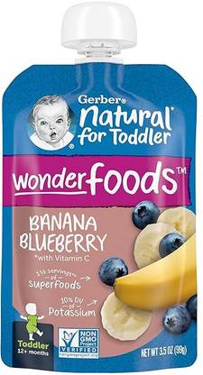 GERBER Natural for Toddler Wonder Foods Banana Blueberry Baby Puree, US-made Cereal