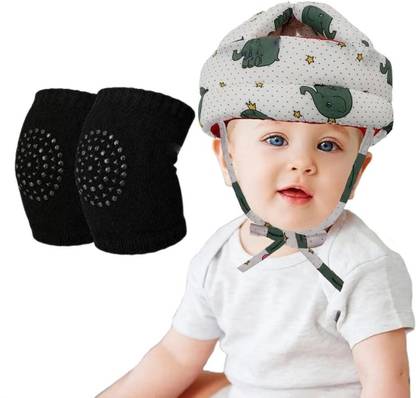 DECRONICS Baby Knee Pads for Crawling 1 Pair, Anti-Slip Stretchable & Safety Helmet 3 Black, Green Baby Knee Pads