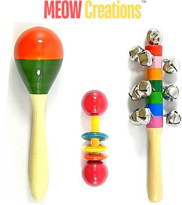 MEOW Creations Wooden Egg Shaker, Dumble, and Ten Bell (Set of 3) Rattle