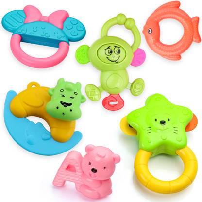 CrateBabies Baby Rattles Toy set Pack of 6 Pieces Combo Different Shapes Random Colour Rattle