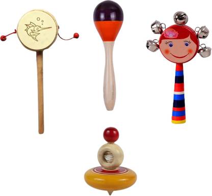 KNK Infotain Wooden Damura Rattles Set For Baby Pack of 4 Wing Top Flat Rattle
