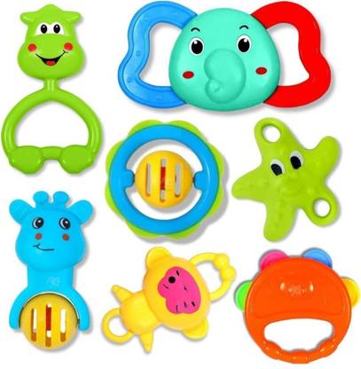 Mira Farmcraft Pack of 7 Rattle Set with Teathers for New Born Babies Toy BPA Free Non-Toxic Rattle