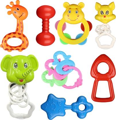 GODEX Pack of 8 Rattles Set with Teathers for New Born Babies Toy Non-Toxic BPA Free Rattle