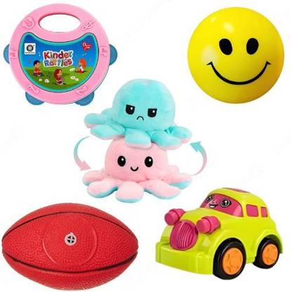 Skytrapper Combo- Smiley Ball, Reversible Octopus, Ball Squeezy, Inertia Car & Rattle