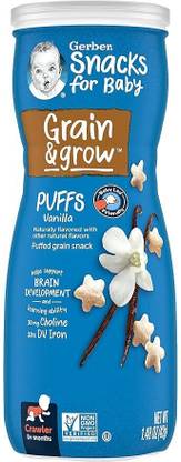 GERBER Snacks for Baby Grain & Grow Puffs, Vanilla, Puffed Grain Snack for Crawlers Baby Puffs 1 g