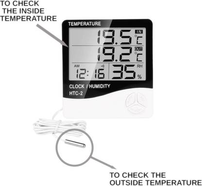 GoodsBazaar HTC-2 Digital Hygrometer Thermometer Humidity Meter With Clock LCD Display HTC2 Electronic Temperature Meter Weather Station Indoor Outdoor Tester Alarm Clock All-in-One Digital Moisture Measurer