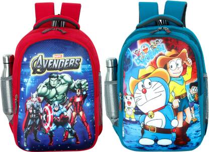 bayo Avangers & Doraemon 2pc combo 47cm 1st/2nd/3rd/4th & 5th class for Boys & Girls Waterproof School Bag